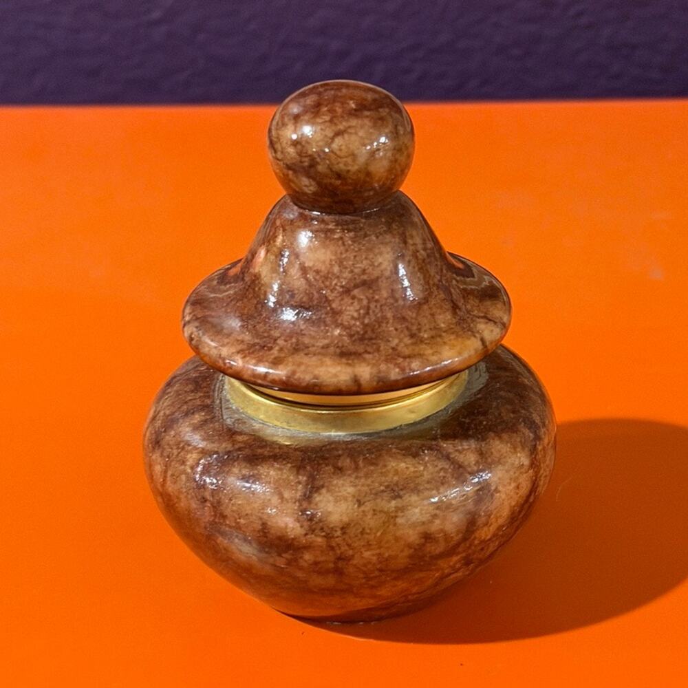 Alabastros Aljuna Brass Hinged Trinket Box Brown Veined Alabaster Stone Jar